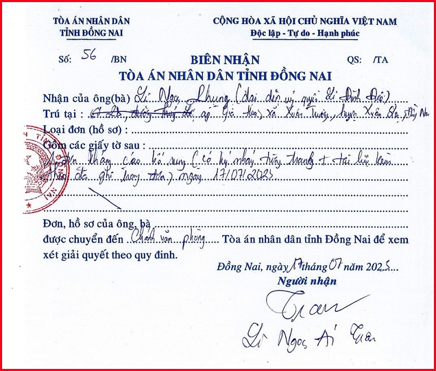 Biên nhận đơn kháng cáo Bản án số 04/2023/DS-ST ngày 31/3/2023 của TAND huyện Xuân Lộc