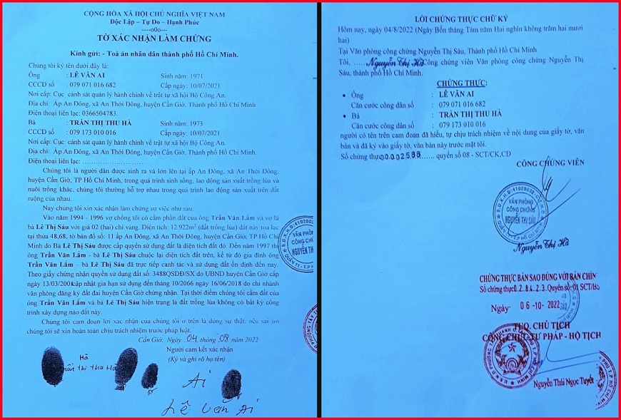  Tờ khai làm chứng của vợ chồng ông Lê Văn Ai, Trần Thị Thu Hà