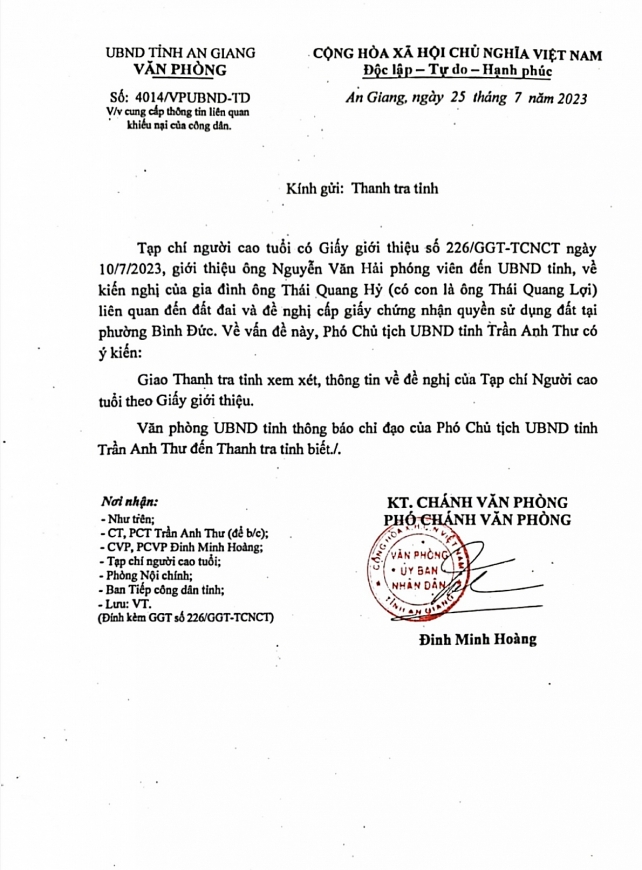 UBND tỉnh An Giang cần phúc tra lại Quyết định giải quyết khiếu nại đối với gia đình cụ Thái Quang Hỷ