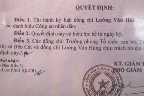 Bình Dương: Tước danh hiệu Công an nhân dân đối với 1 Phó trưởng Công an phường