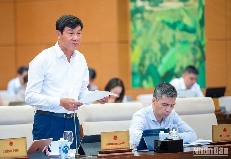 Phó Tổng Kiểm toán nhà nước Doãn Anh Thơ báo cáo tại phiên họp. (Ảnh: DUY LINH)