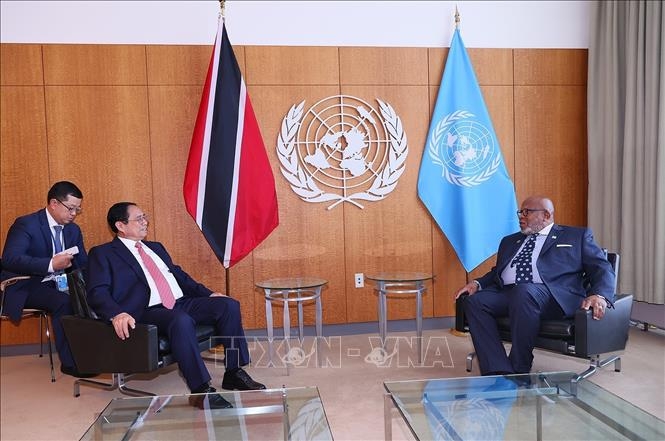 Thủ tướng Phạm Minh Chính gặp Đại sứ Dennis Francis, Chủ tịch Đại hội đồng Liên hợp quốc Khóa 78. Ảnh: Dương Giang/TTXVN