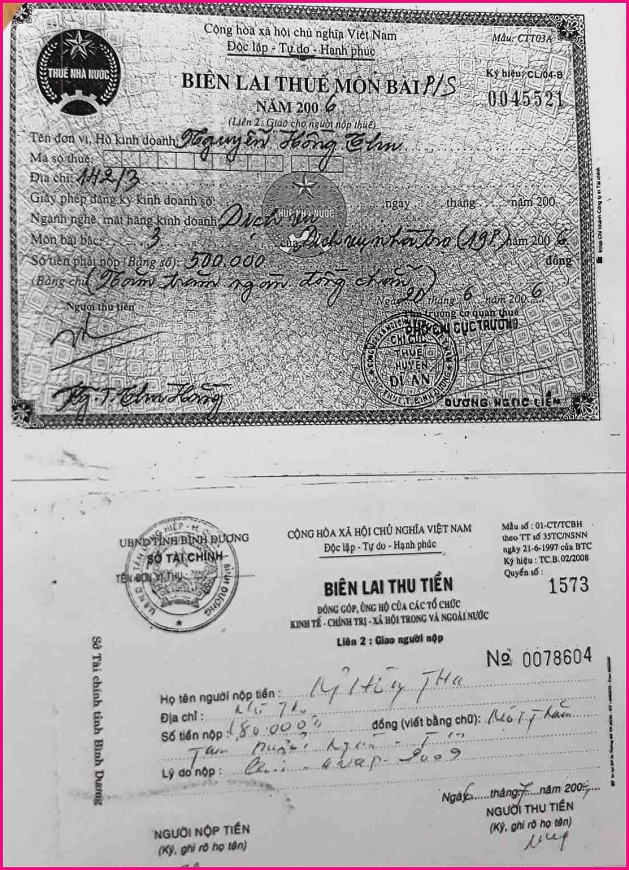 Biên lai thu thuế của bà Nguyễn Hồng Thu, một nguyên đơn trong vụ án.
