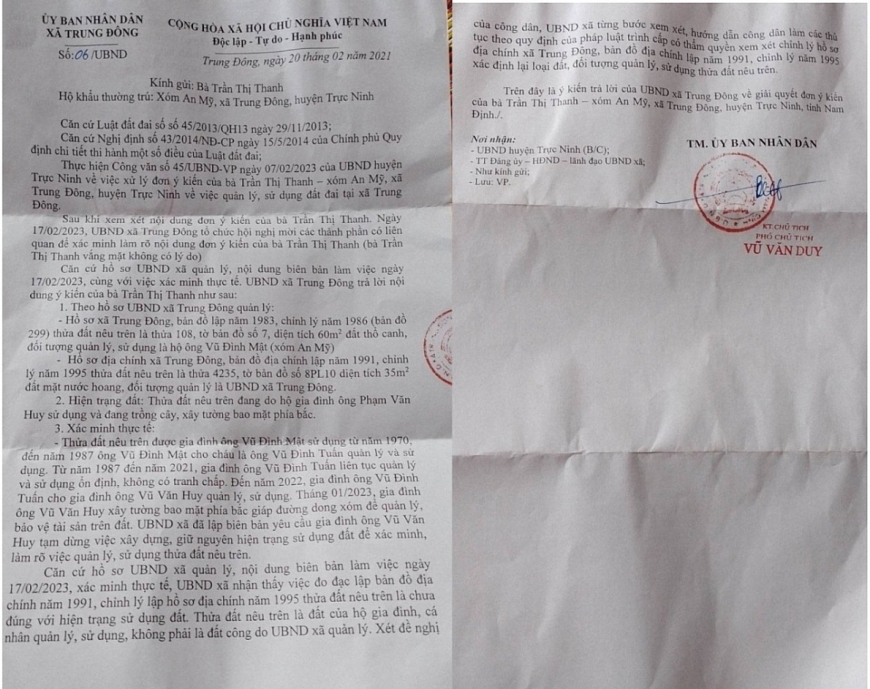 UBND huyện Trực Ninh có văn bản yêu cầu UBND xã Trung Đông xem xét, xử lí, giải quyết theo quy định