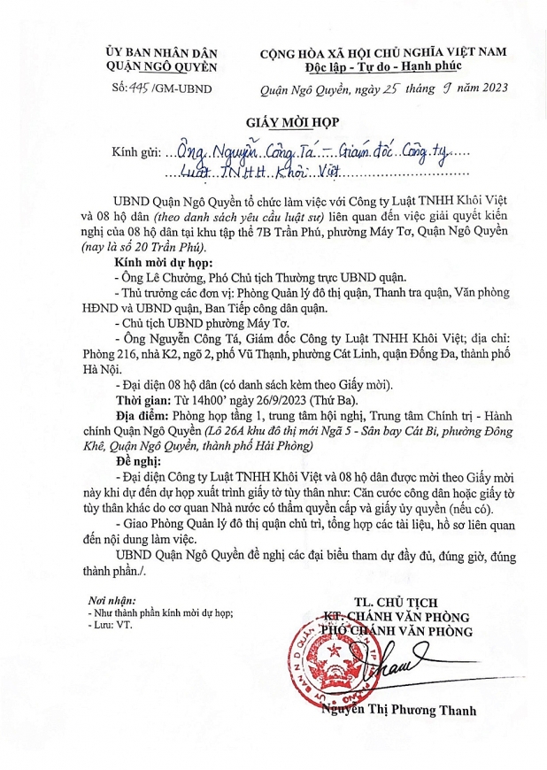 Giấy mời họp số: 445/GM-UBND của UBND qu?n Ngô Quyền làm việc với Công ty Luật TNHH Khôi Việt.