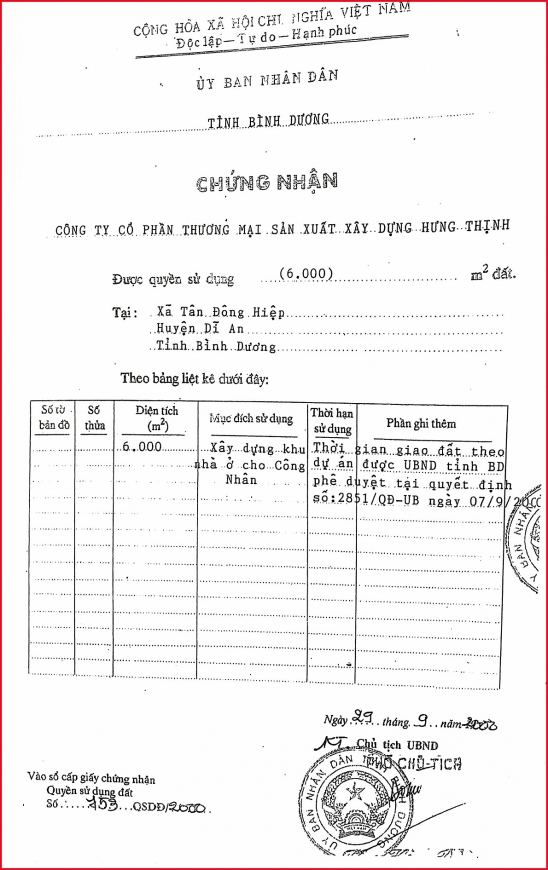 Giấy CNQSDĐ số 753QSDĐ/2000 ngày 29/9/2000, UBND tỉnh Bình Dương cấp 6000m2 đất mục đích xây dựng khu nhà ở công nhân, cho Công ty Hưng Thịnh