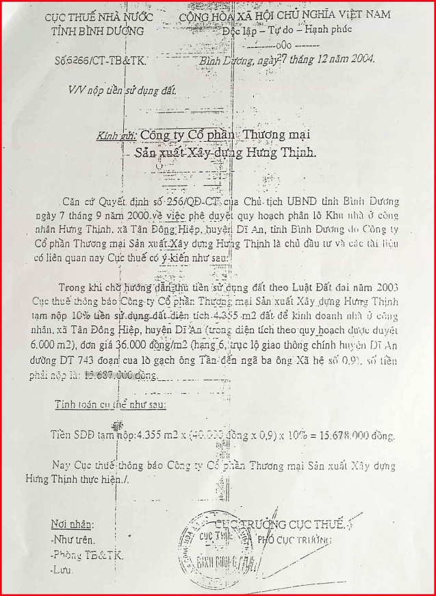 Thông báo số 6266 của Cục Thuế tỉnh Bình Dương, yêu cầu Công ty Hưng Thịnh nộp 10% số tiền thuế sử dụng đất, năm 2004.