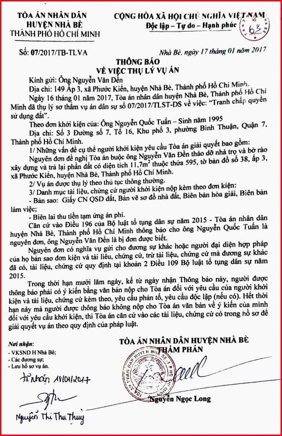Thông báo thụ lý sơ thẩm vụ án dân sự: số 07/2017/TLST-DS ngày 17/1/2017