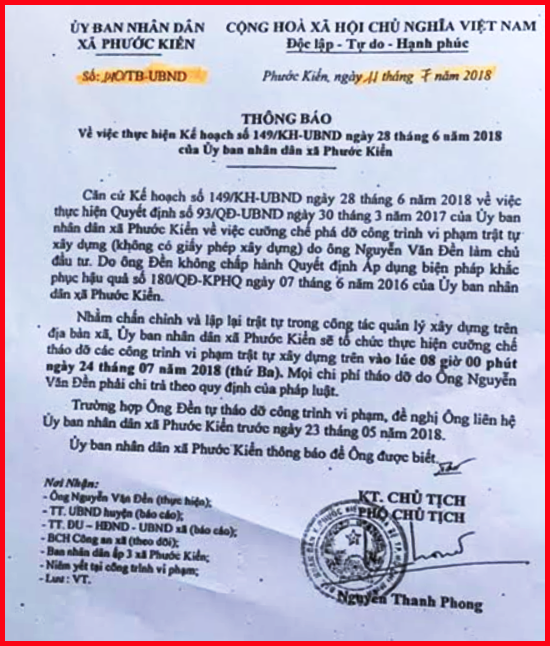 Thông báo số 140/TB-UBND ngày 11/7/2018, về việc tiến hành cưỡng chế tháo dỡ công trình vi phạm trật tự xây dựng đối với ông Đền.