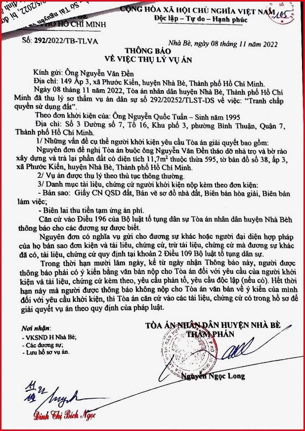 Thông báo thụ lý sơ thẩm vụ án dân sự số 292/20252/TLST-DS ngày 8/11/2022