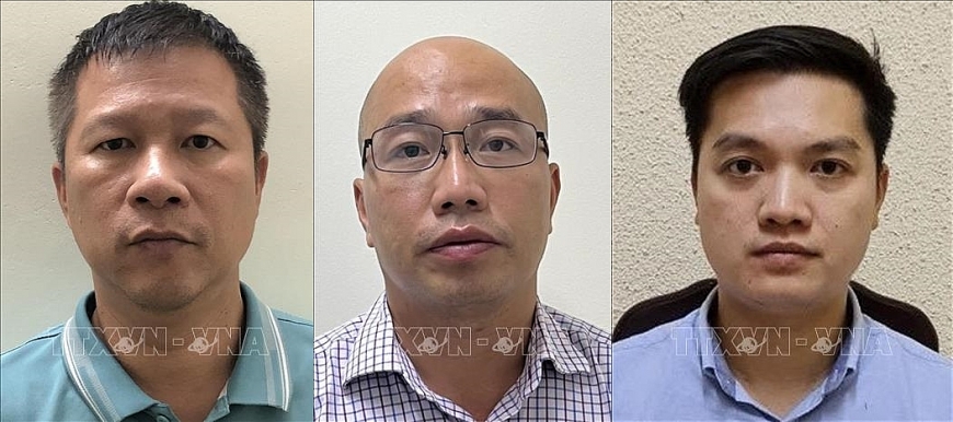 Các bị can (từ trái qua): Nguyễn Hữu Khải, Trương Hoàng Dũng, Đỗ Ngọc Tuyền. Ảnh: TTXVN phát