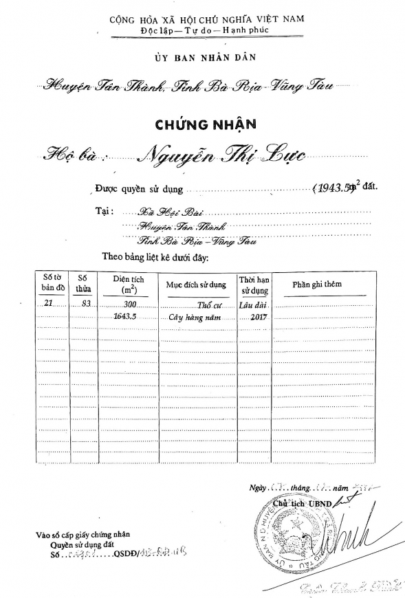 GCNQSDĐ ngày 7/2/2002 cấp cho hộ bà Nguyễn Thị Lực