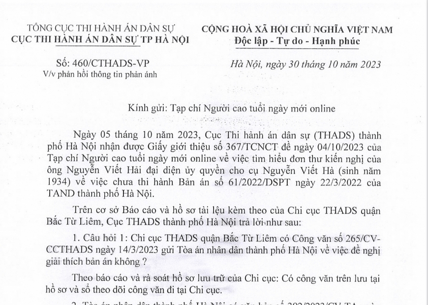 Văn bản số: 460/CTHADS-VP của Cục THADS TP Hà Nội.