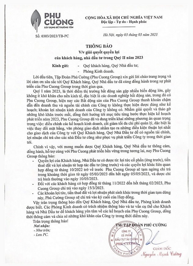 Thông báo của Công ty Phú Cường xin khất các khoản thanh toán với người dân