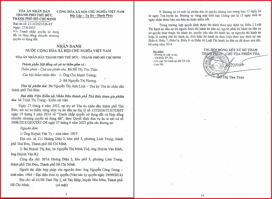 Bản án sơ thẩm của Tòa án TP Thủ Đức.