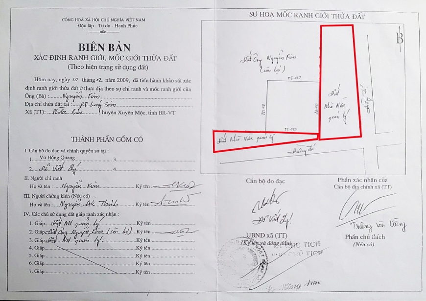 “Biên bản xác định ranh giới, mốc giới thửa đất (Theo hiện trạng sử dụng đất)” ngày 10/2/2009). - Báo cáo số 279/BC-UBND ngày 14/11/2023 của UBND thị trấn Phước Bửu.