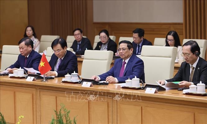 Thủ tướng Phạm Minh Chính phát biểu tại cuộc hội đàm với Thủ tướng Cộng hòa Belarus Roman Golovchenko. Ảnh: Dương Giang/TTXVN