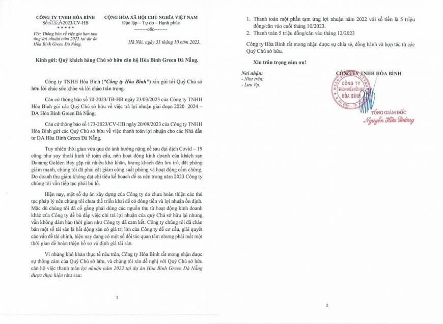 Thông báo số 206A-2023/CV-HB của Công ty TNHH Hoà Bình về việc gia hạn tạm ứng lợi nhuận 2022.