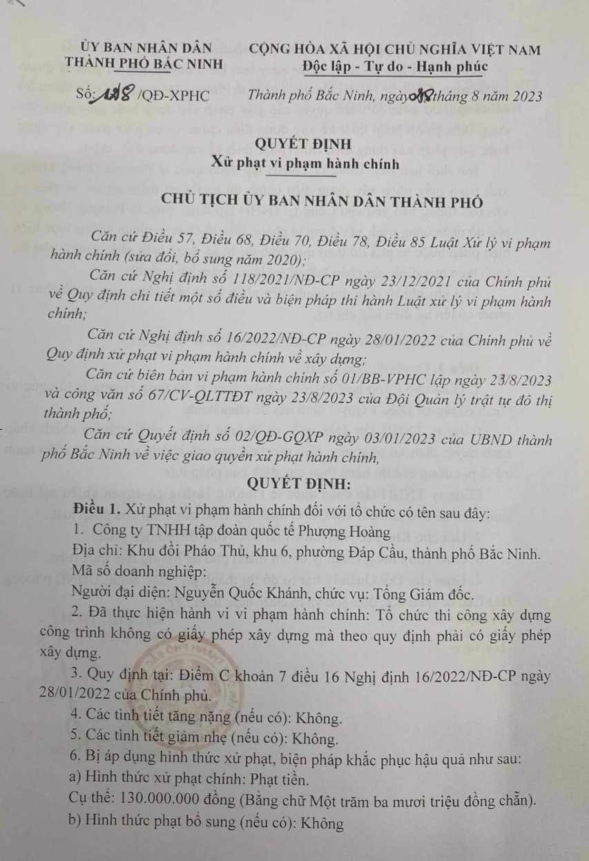 Ngày 28/8/2023, UBND thành phố Bắc Ninh đã ra Quyết định xử phạt vi phạm hành chính số 128/QĐ-XPHC đối với Công ty TNHH Tập đoàn Quốc tế Phượng Hoàng