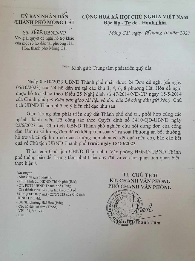 Văn bản số: 3042/UBND-VP ngày 5/10/2023 của UBND TP Móng Cái giao Trung tâm Phát triển quỹ đất rà soát phương án bồi thường, hỗ trợ tái tịnh cư.