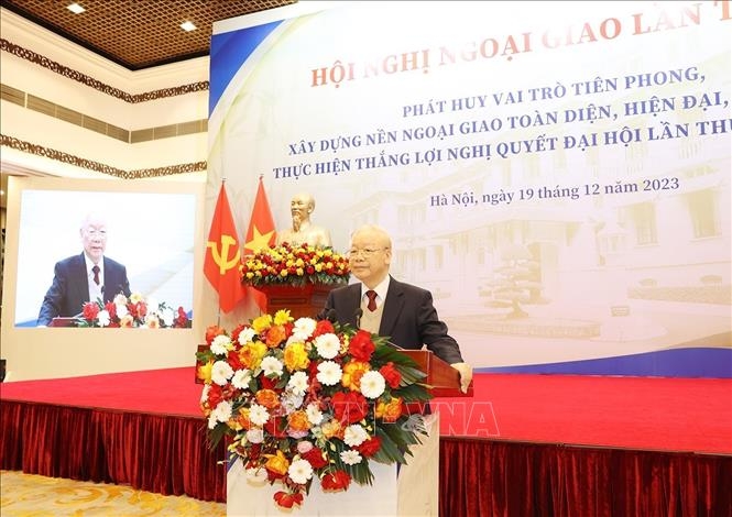 Tổng Bí thư Nguyễn Phú Trọng phát biểu chỉ đạo tại Hội nghị Ngoại giao lần thứ 32. Ảnh: Trí Dũng/TTXVN