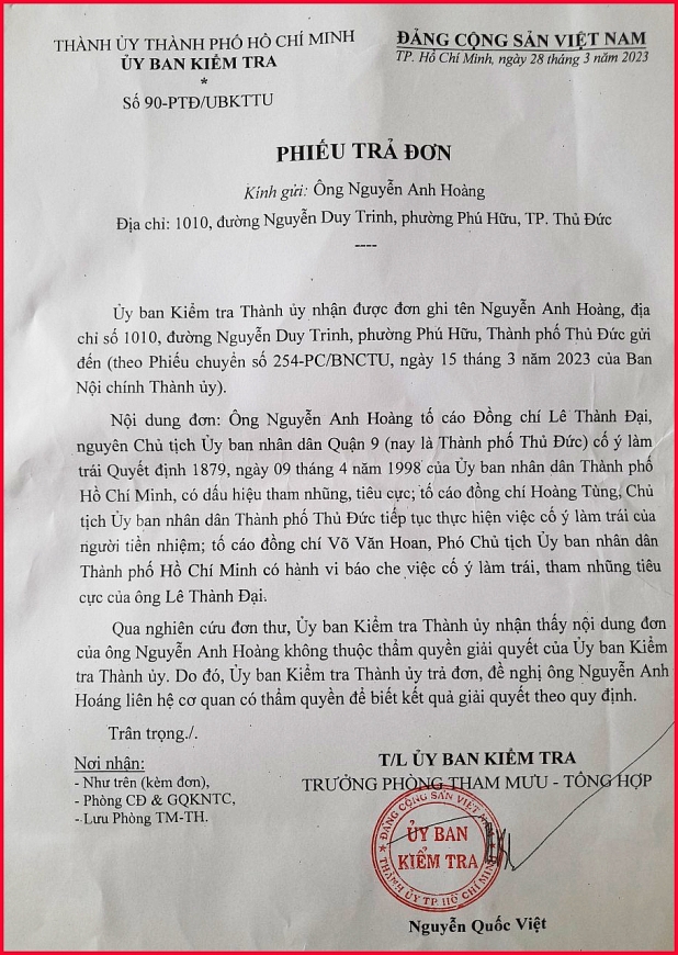 “Phiếu trả đơn” số 90-PTĐ/UBKTTU ngày 28/3/2023 của UBKT Thành ủy TP Hồ Chí Minh