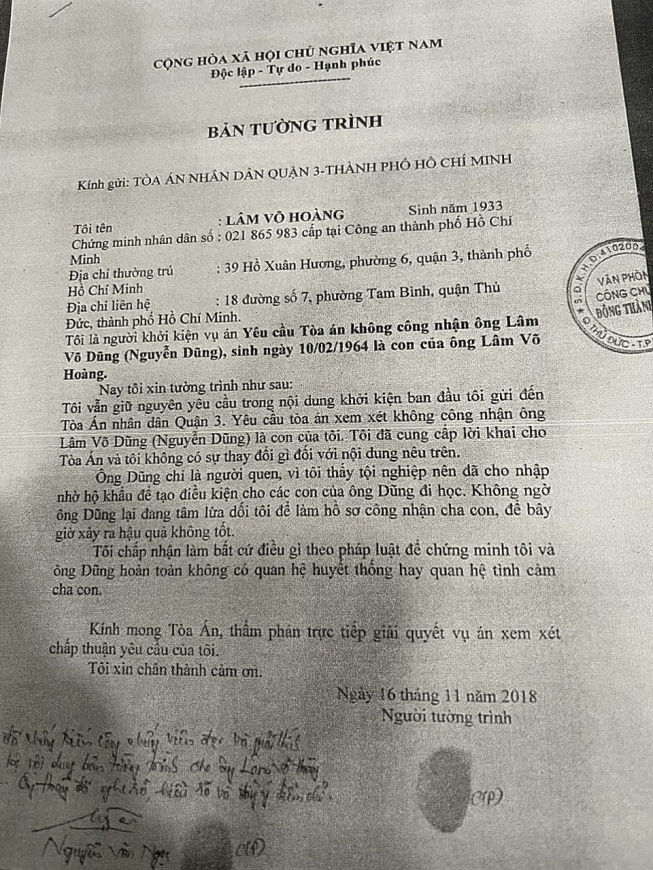 Bản tường trình của cụ Lâm Võ Hoàng gửi TAND quận 3 yêu cầu không công nhận  ông Lâm Võ Dũng (Nguyễn Dũng) là con.