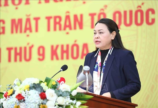 Ủy viên Trung ương Đảng, Phó Chủ tịch - Tổng Thư ký UBTƯ MTTQ Việt Nam Nguyễn Thị Thu Hà phát biểu. Ảnh: Minh Đức/TTXVN