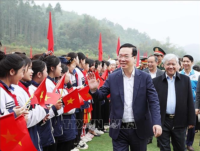 Chủ tịch nước Võ Văn Thưởng đến dự Lễ phát động Tết trồng cây “Đời đời nhớ ơn Bác Hồ”. Ảnh: Dương Giang/TTXVN