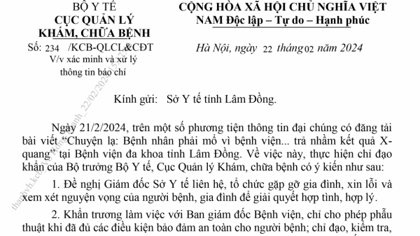 Bộ Y tế đề nghị xác minh và xử lí sự cố y khoa tại Bệnh viện Đa khoa tỉnh Lâm Đồng