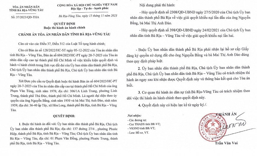 Quyết định số: 37/2023/QĐ-THA ngày 15/11/2023 của Chánh án TAND tỉnh Bà Rịa - Vũng Tàu. Bản án hành chính phúc thẩm số 604/2023/HC-PT ngày 28/7/2023 của TAND Cấp cao tại TP Hồ Chí Minh. Quyết định số: 37/2023/QĐ-THA ngày 15/11/2023 của Chánh án TAND tỉnh Bà Rịa - Vũng Tàu. Bản án hành chính phúc thẩm số 604/2023/HC-PT ngày 28/7/2023 của TAND Cấp cao tại TP Hồ Chí Minh.