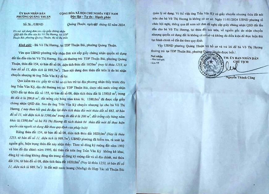 Văn bản số: 76/UBND ngày 5/2/2024 của UBND phường Quảng Thuận.