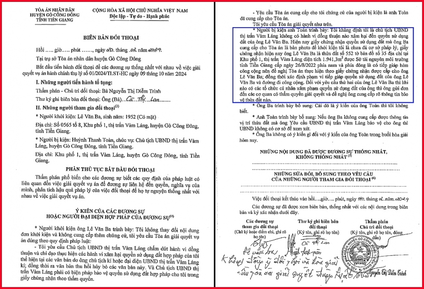 Biên bản đối thoại ngày 20/2/2004 tại TAND huyện Gò Công Đông.