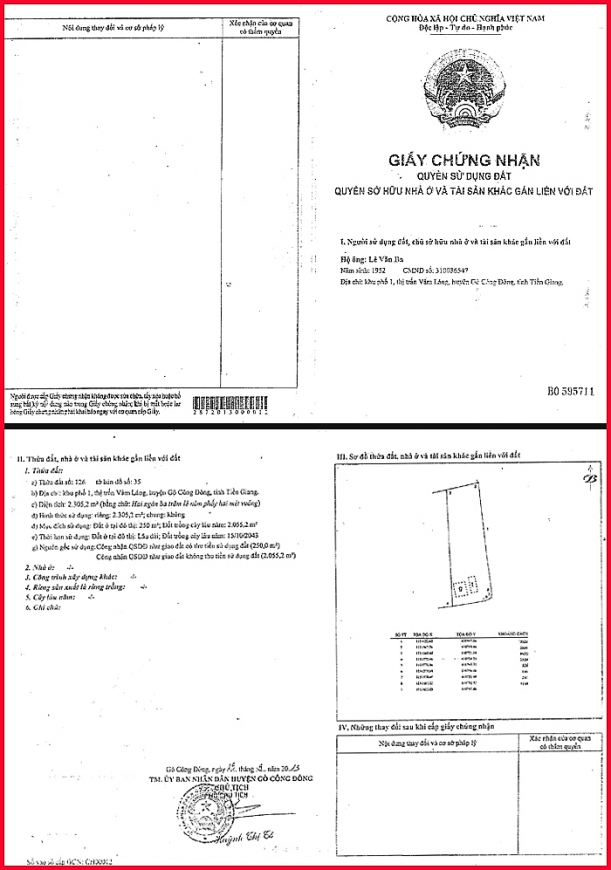 Sổ đỏ cấp ngày 19/9/2013 cho Hộ gia đình ông Lê Văn Ba.