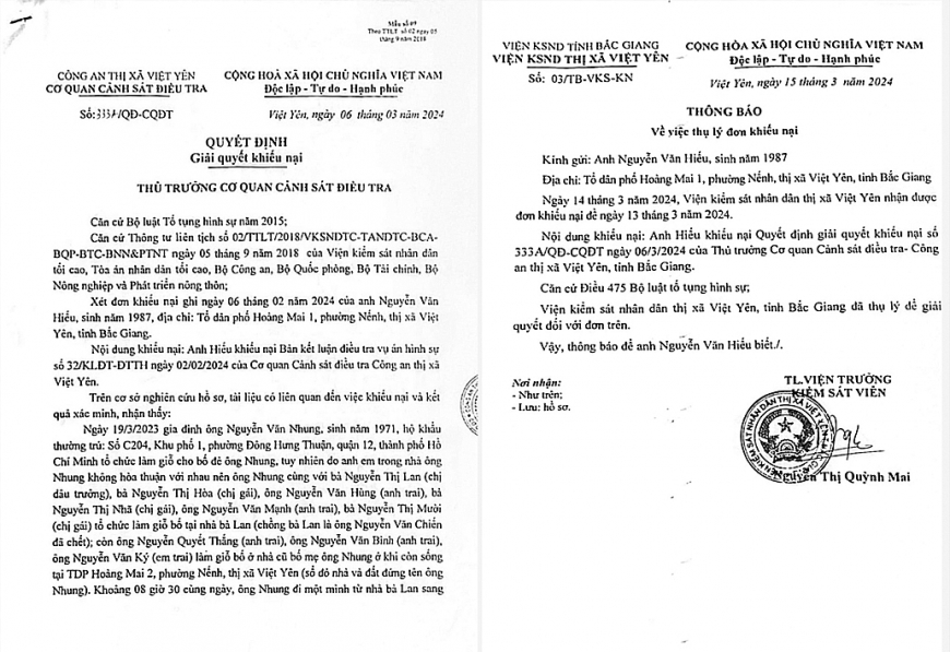 Quyết định giải quyết khiếu nại số: 333A/QĐ-CQĐT ngày 6/3/2024 của Cơ quan CSĐT Công an thị xã Việt Yên và Thông báo số: 03/TB-VKS-KN của Viện KSNS thị xã Việt Yên về việc thụ lí đơn khiếu nại của ông Nguyễn Văn Hiếu. 