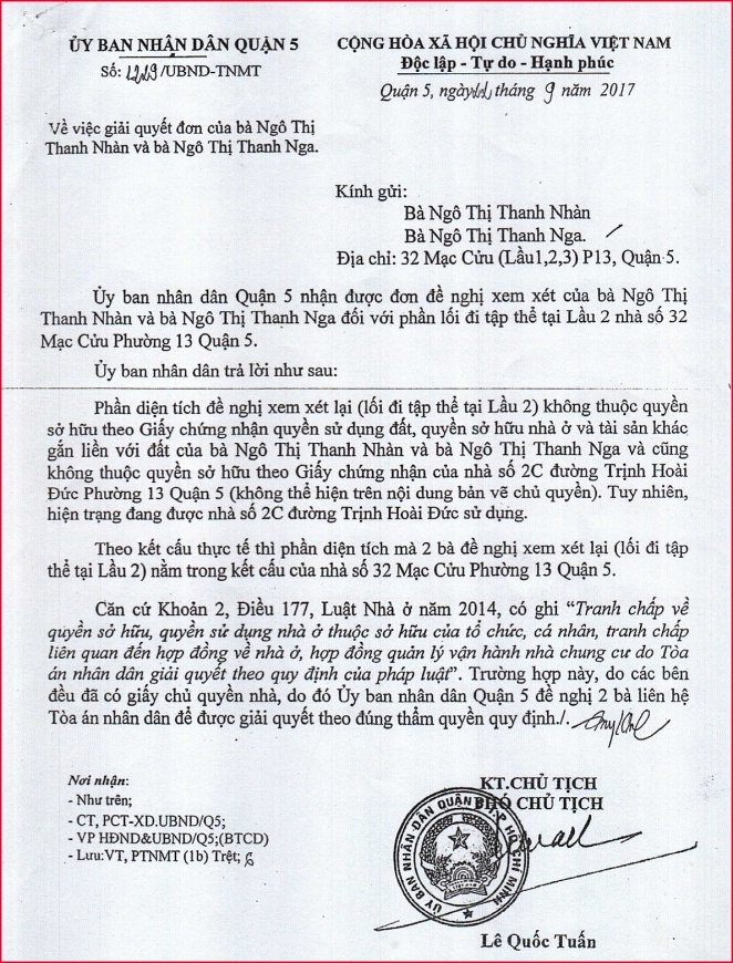 Văn bản số 1229/UBND-TNMT ngày 22/9/2017 của UBND quận 5