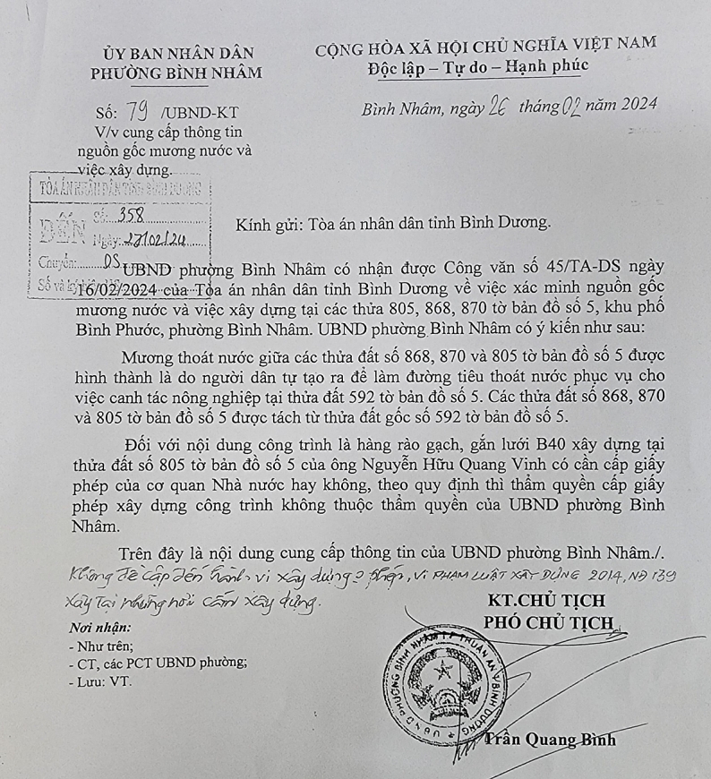 Công văn của UBND phường Bình Nhâm gửi Tòa án xác định giữa các hộ có mương thoát nước chung