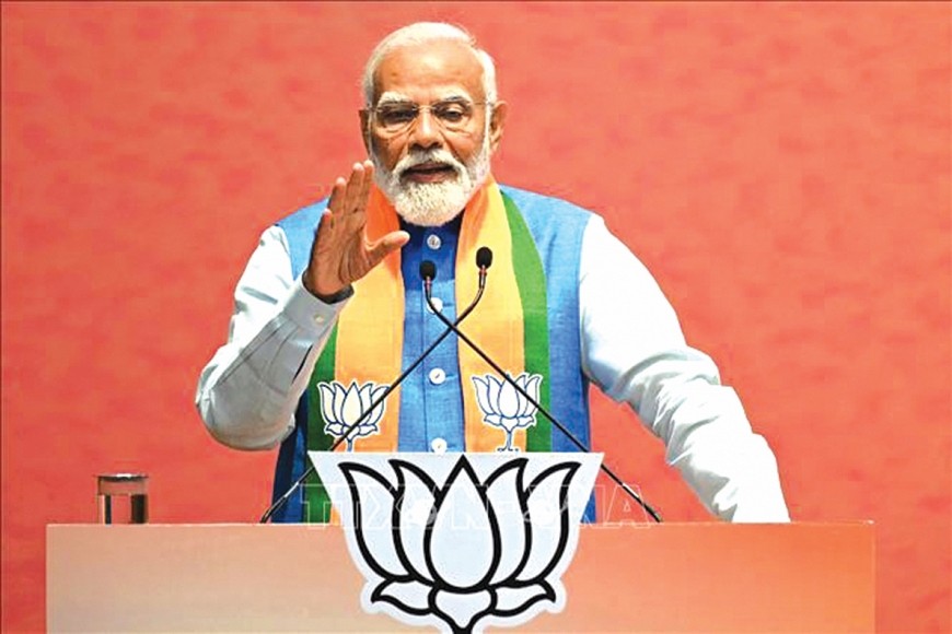Thủ tướng Ấn Độ Narendra Modi phát biểu tại trụ sở của đảng Bharatiya Janata (BJP) ở New Delhi
