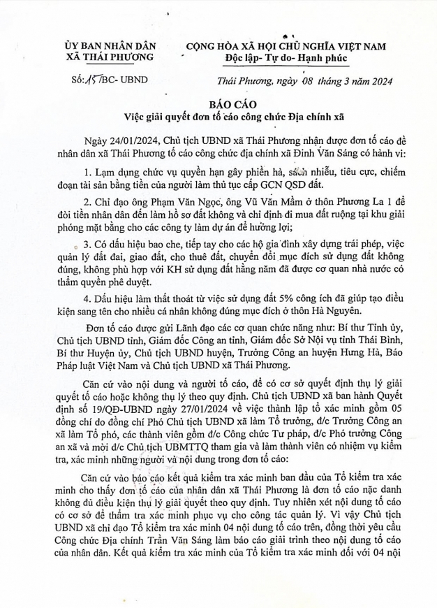 Tường bao có dấu hiệu lấn hành lang thủy lợi của hộ gia đình ông  Trần Văn Sơn. Căn nhà đang xây dựng rộng gần 1.000m2 trên đất nông nghiệp. 2. Ngày 8/3/2024, UBND xã Thái Phương đã có Báo cáo số: 15/BC-UBND về việc giải quyết đơn tố cáo công chức địa chính xã. 3. 