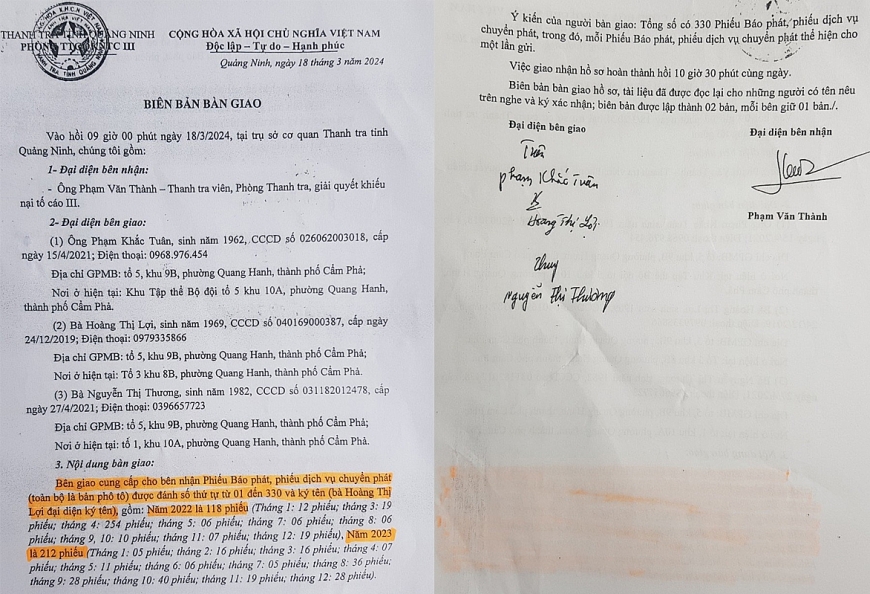 Theo biên bản bàn giao giữa đại diện các hộ dân tổ 4, tổ 5 khu 9b với Thanh tra tỉnh Quảng Ninh ngày 18/3/2024 chỉ trong 2 năm 2022, 2023 các hộ dân nơi đây đã gửi 330 lá đơn đến các cấp chính quyền, trong đó năm 2022 là 118 phiếu chuyển đơn, năm 2023 là 212 phiếu chuyển  đơn.