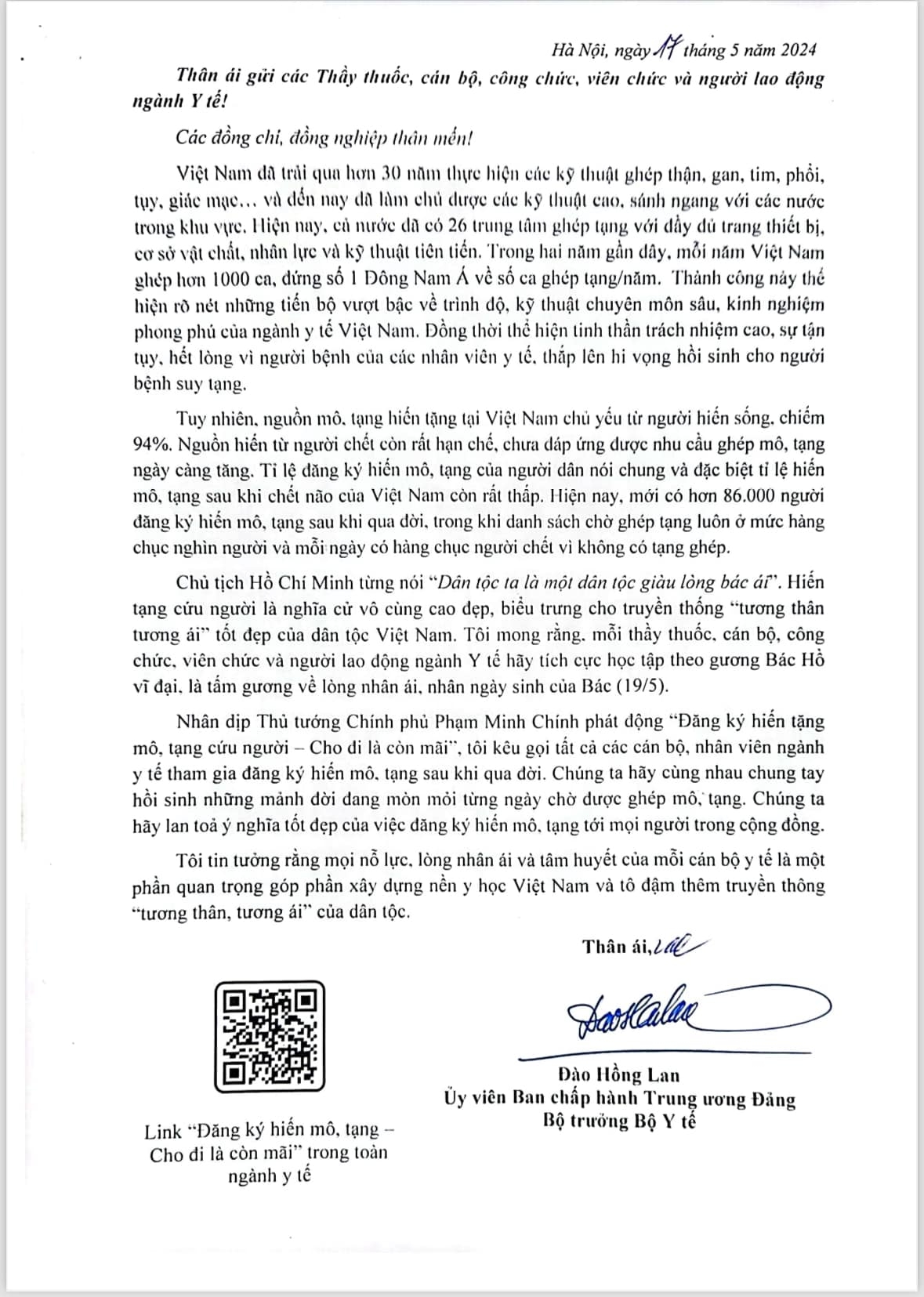 Bộ trưởng Bộ Y tế kêu gọi cán bộ, nhân viên ngành y tế tham gia đăng ký hiến mô, tạng cứu người