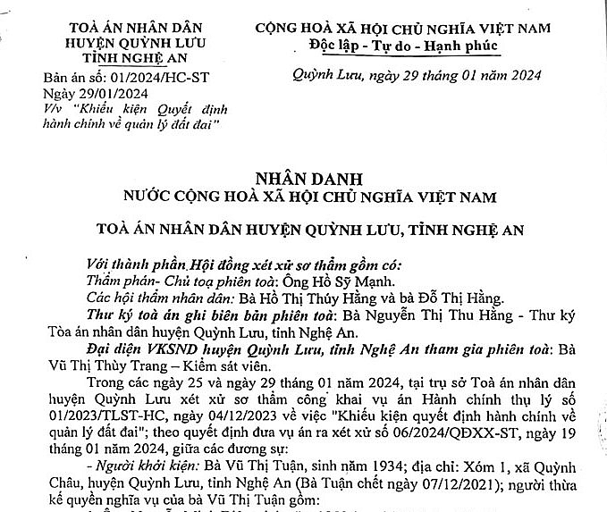 Bản án số: 01/2024/HC-ST ngày 29/1/2024 của TAND huyện Quỳnh Lưu.