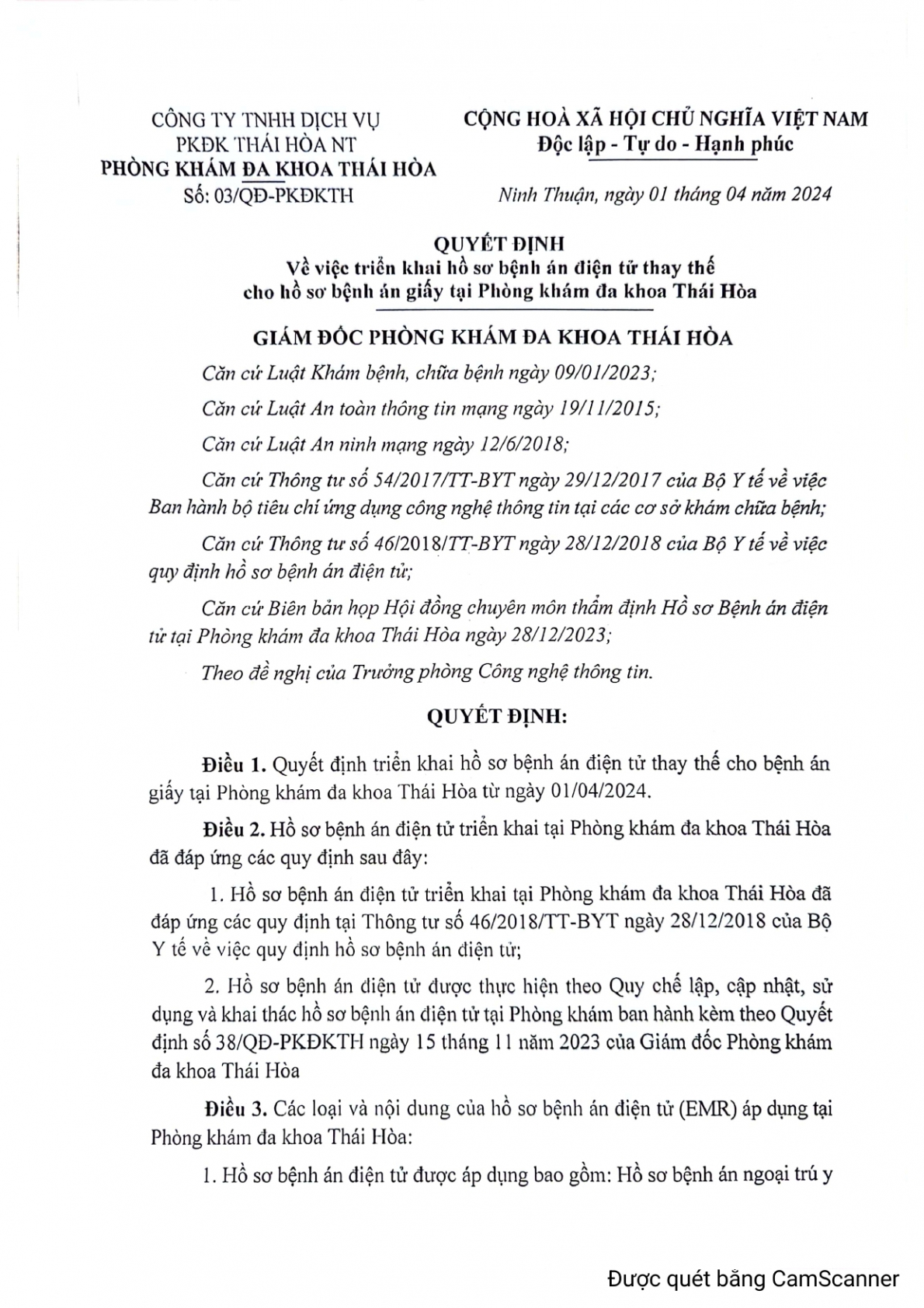 Tỉnh Ninh Thuận: Phòng khám đa khoa Thái Hòa được Bộ Y tế công nhận bệnh án điện tử từ ngày 1/4/2024
