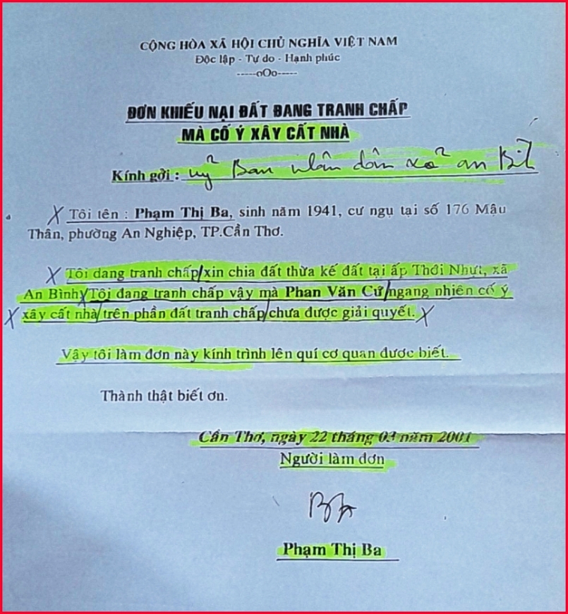 Nguyên đơn, bà Phạm Thị Ba có đơn khiếu nại tranh chấp quyền sử dụng phần đất 233m2 từ năm 1995, đến nay vẫn chưa được giải quyết dứt điểm.