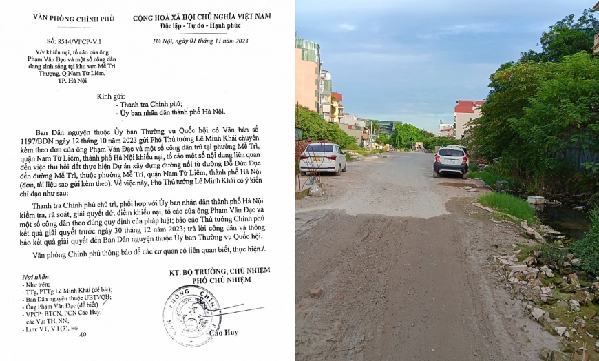 Văn bản số: 8544/VPCP-V.1 ngày 1/11/2023 của Văn phòng Chính phủ ngày 1/11/2023 va` Hiện trạng tuyến đường nối Đỗ Đức Dục đi đường Mễ Trì (chiều dài hơn 800m) đã dừng thi công từ đầu năm 2024.