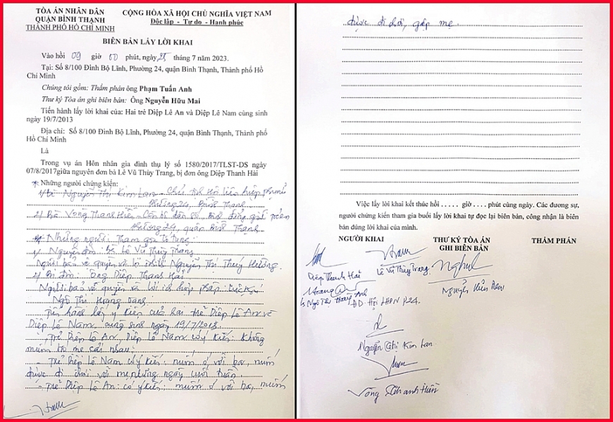 Biên bản lấy lời khai các cháu Diệp Lê Nam và Diệp Lê An của TAND quận Bình Thạnh.