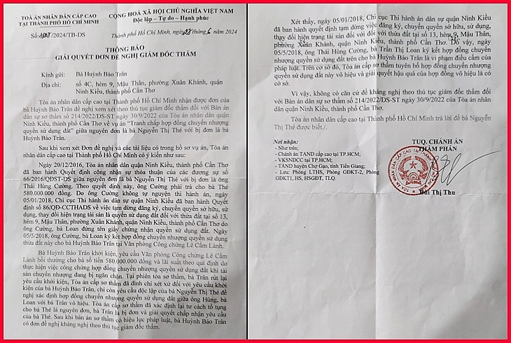 Thông báo giải quyết đơn đề nghị giám đốc thẩm số: 187/2024/TB-DS ngày 27/6/2024 của TAND Cấp cao tại TP Hồ Chí Minh. 2.Ông Cường và bà Loan xác nhận đã nhận tiền chuyển quyền sử dụng tài sản.