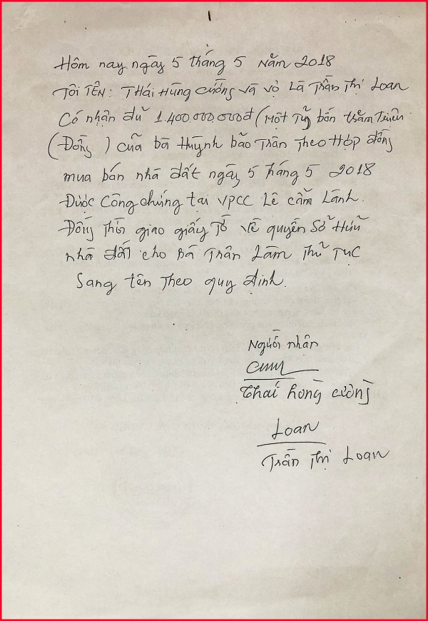 .Ông Cường và bà Loan xác nhận đã nhận tiền chuyển quyền sử dụng tài sản.