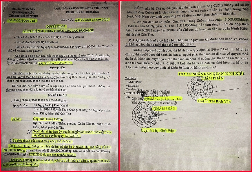 Quyết định công nhận sự thỏa thuận giữa các đương sự số 66/QĐST-DS ngày 20/12/2016 của TAND quận Ninh Kiều.