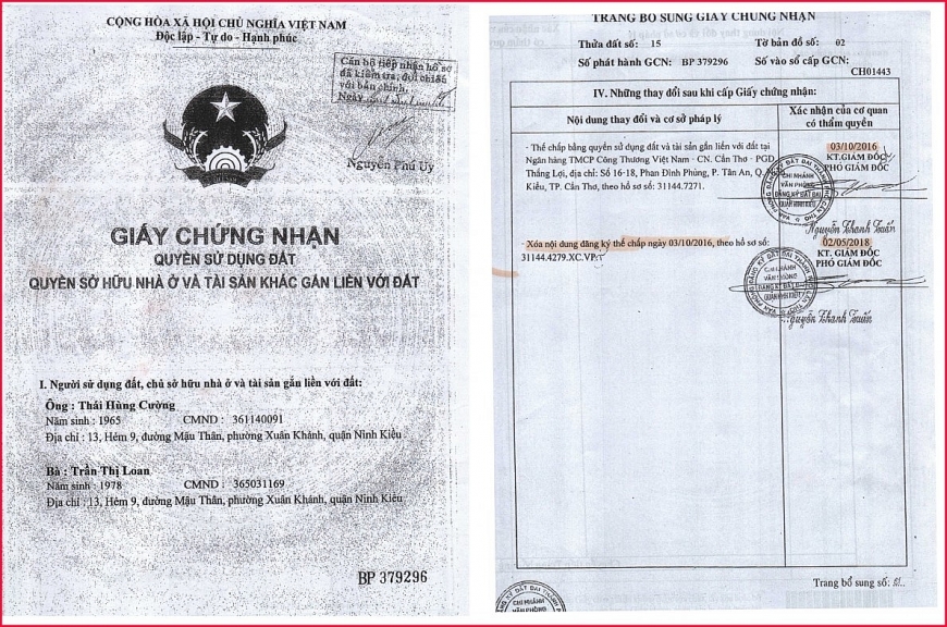 Giấy chứng nhận quyền sử dụng đất, quyền sở hữu nhà ở và tài sản gắn liền với đất số: BP 379296 của ông Cường, bà Loan có nội dung thế chấp và đã được xóa thế chấp ngày 3/10/2016. 